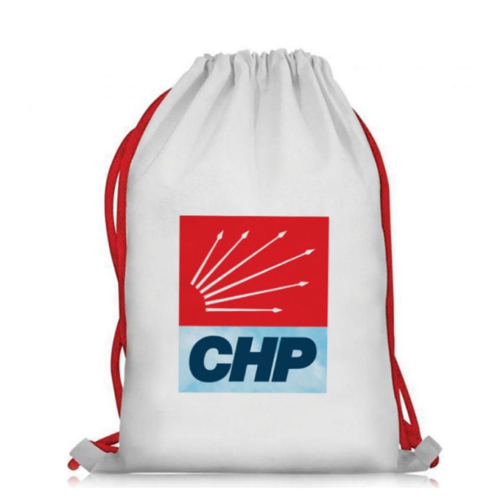 CHP Logolu Beyaz Kırmızı İpli Elyaf Büzgülü Çanta 80-110 gr Nonwoven Sırt Tipi Promosyon Model